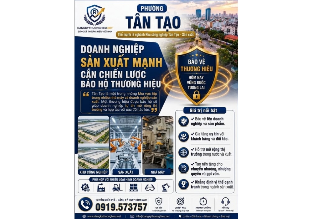 Đăng ký thương hiệu Phường Tân Tạo với thế mạnh là nghành Khu công nghiệp Tân Tạo và Sản xuất